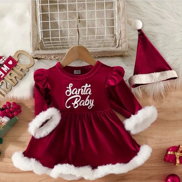 Adorable Red Velvet "Santa Baby" Dress and Hat - Picture 1 of 7